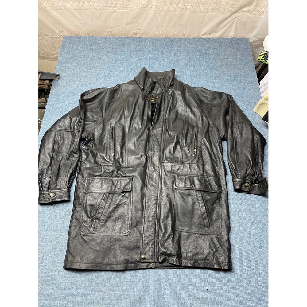 Giovanni Verucci Mens Black Genuine Leather Parka Faux Fur Lined Jacket Large